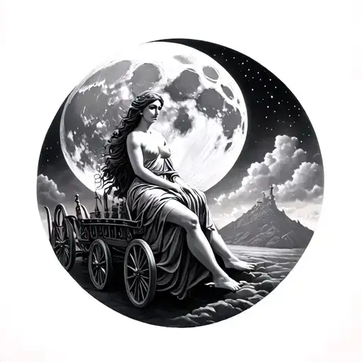Selene the Greek goddess of the moon in her chariot far away tattoo design idea