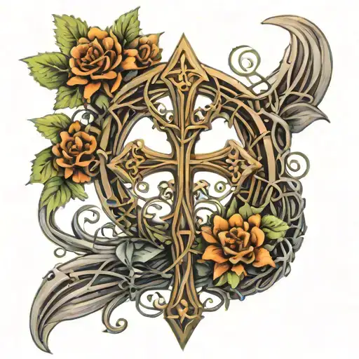 ankh symbol intertwined with vines and flowers tattoo design idea