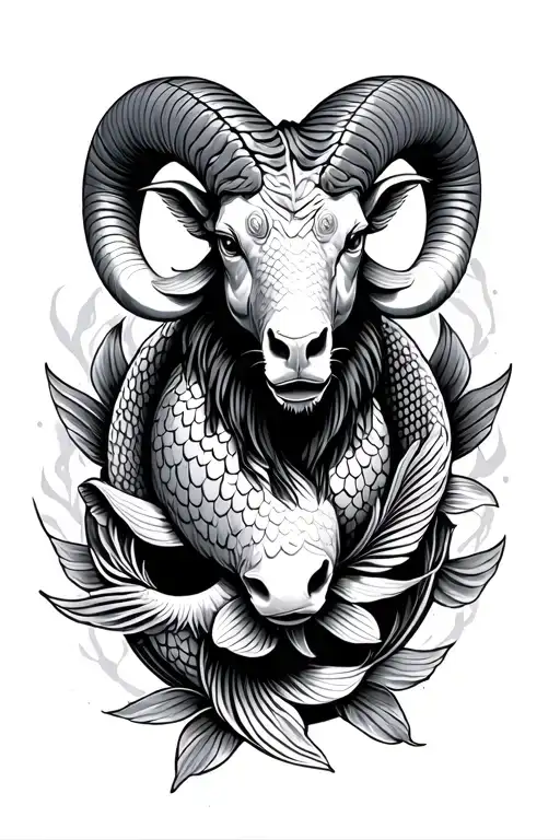 ram with 2 koi fish around it tattoo design idea