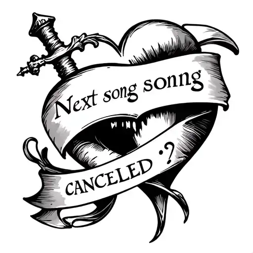 "Next song cancelled " empty heart with a dagger piercing threw it and a banner  tattoo design idea