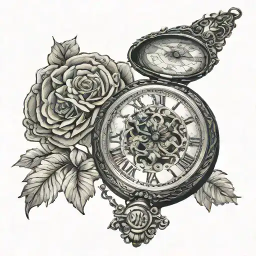 A pocket watch set at 12:57 with delicate floral patterns intertwining around the timepiece tattoo design idea