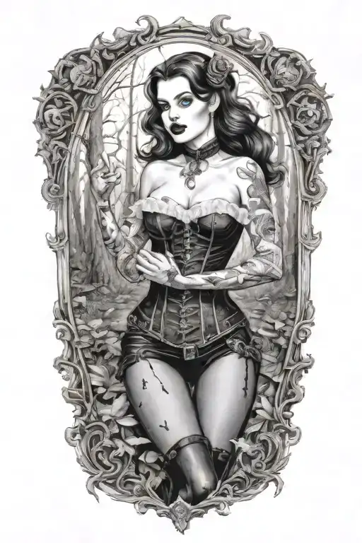 Gothic realistic pinup girl in corset and fishnet leggings being bitten in the neck by a vampire in the woods NO BORDER tattoo design idea
