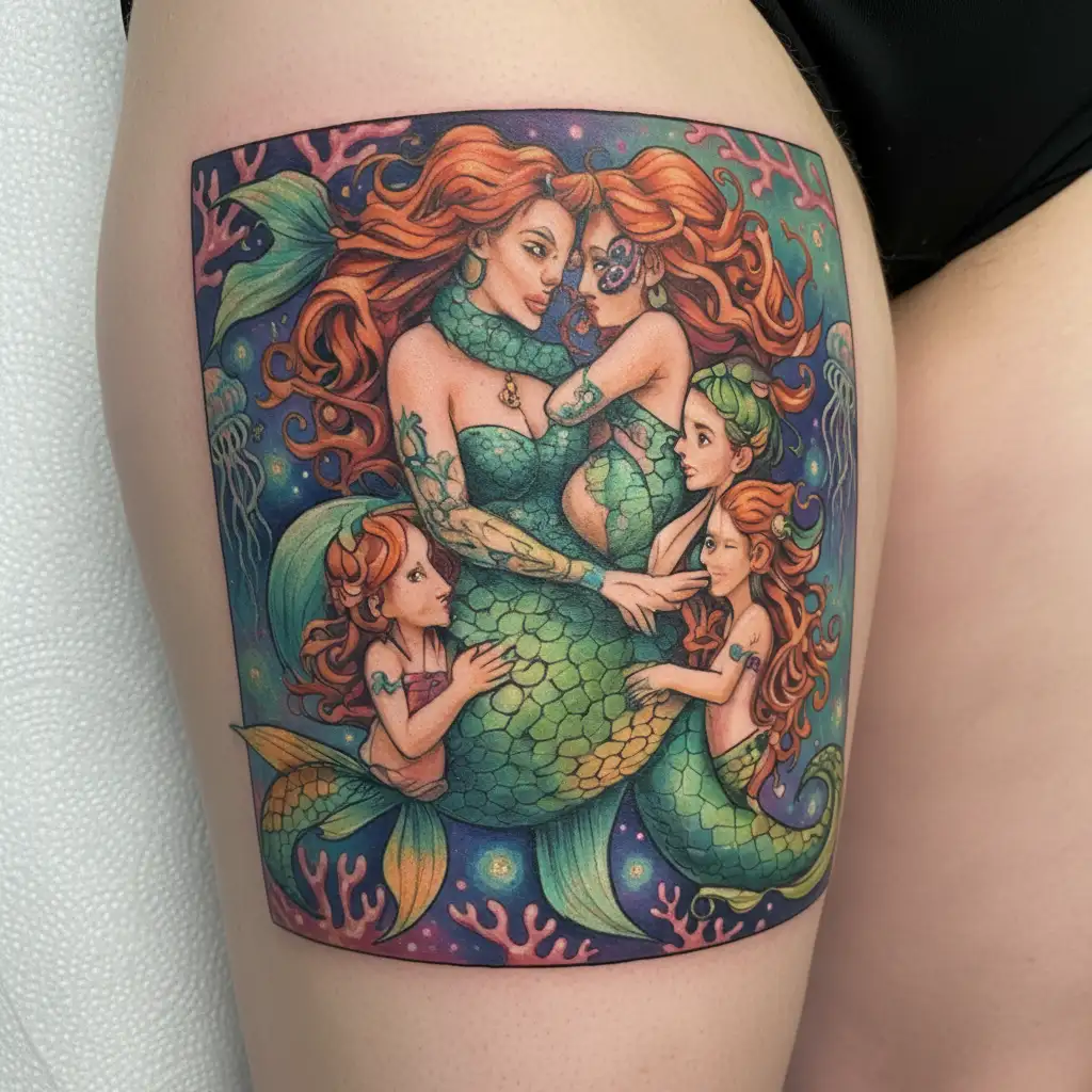mermaid with two daughters holding hands tattoo design idea