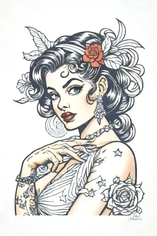 Pin up girl with a big butt, black hair, and a very small birthmark by her right eye tattoo design idea