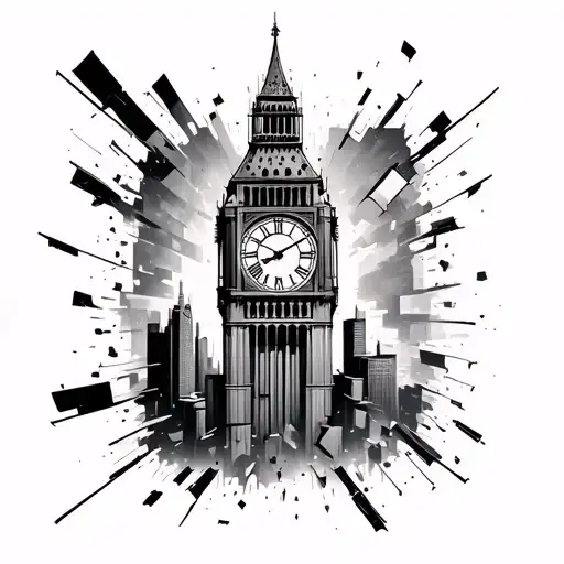breaking grand city clock tower apart floating in the matrix tattoo design idea