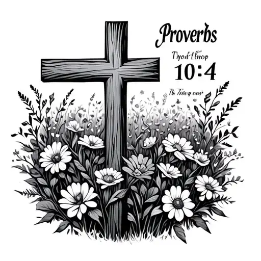 "Proverbs 10:4" cross surrounded by field of flowers tattoo design idea