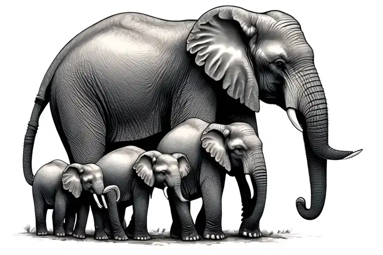 mother elephant and four baby elephants walking tattoo design idea