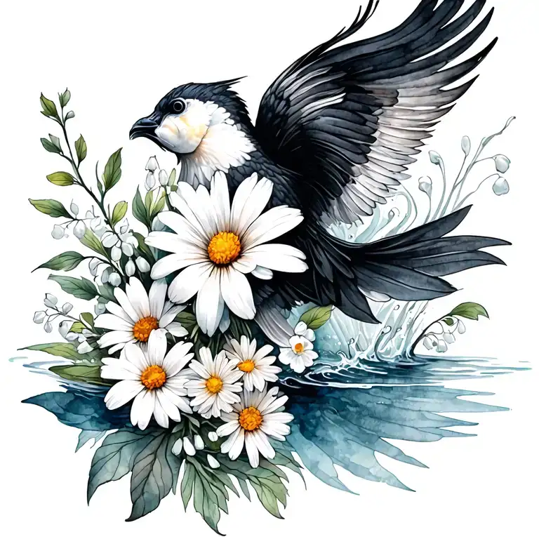  out of water black white koi Transformung into phoenix, bouquet with an aster, a daisy, a lily of the valley tattoo design idea