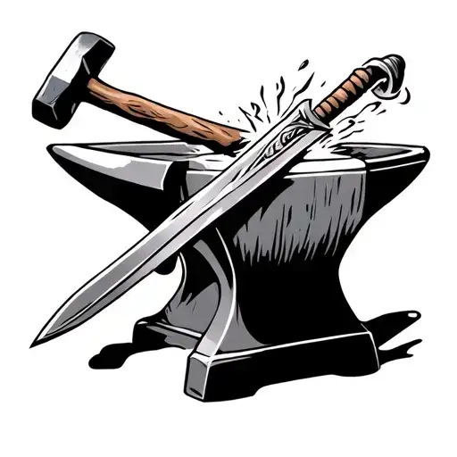 An anvil with a sword on it being forged by a hammer tattoo design idea