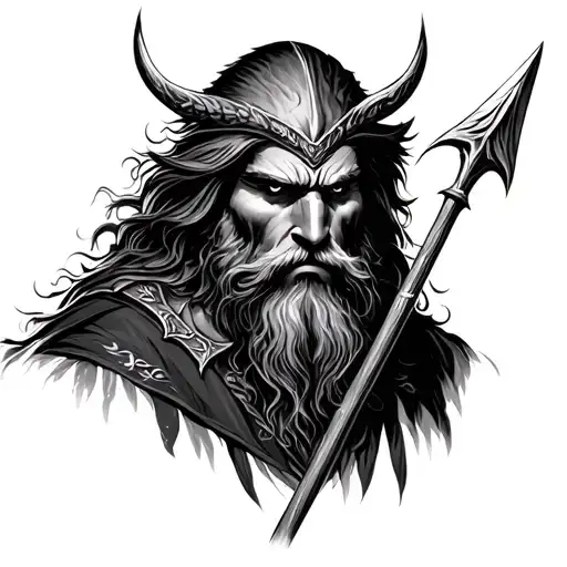 Odin and his spear make it black white and look half -eye, gubgnir stand vertically beside him tattoo design idea