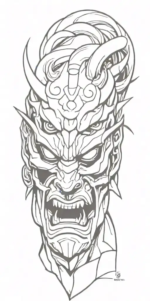 male anime character  oni mask fighting off inner demons with minimal black tattoo design idea