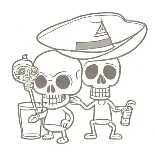 Skull, sombrero, funny, holding a drink, 2D cartoon, matching brother and sister tattoo design idea