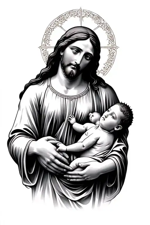 Jesus and mary holding baby jesus tattoo design idea