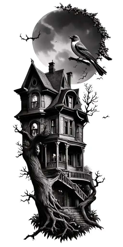 Tattoo for a full sleeve haunted house robin sitting on apple tree, spooky real life tattoo design idea