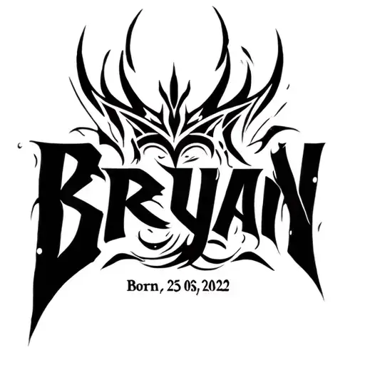 black tattoo tribal style with the name Bryan, born 25-05-2022, weight 3203 grams, length 52cm tattoo design idea