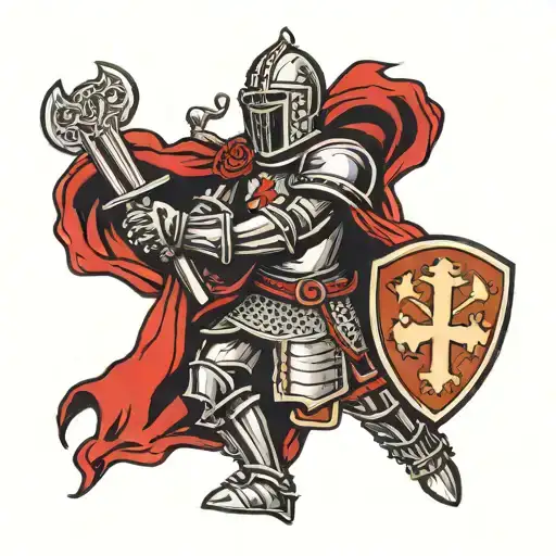 knight holding sword and shield red cross knights templar charging tattoo design idea