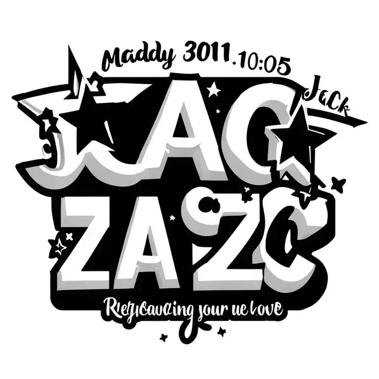 "Maddy 301105 Jack 110508 Zac" Birth stars representing your love tattoo design idea