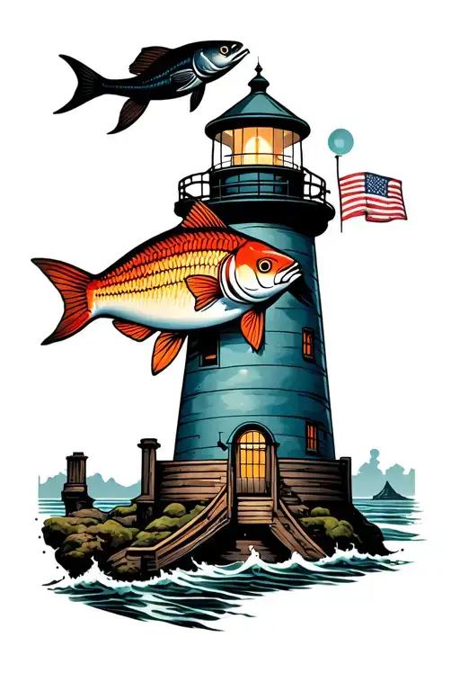 light house and fish tattoo design idea