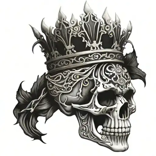 An epic tattoo of a skull with a crown made of thorns with incorporations of crossed and Polynesian design  tattoo design idea