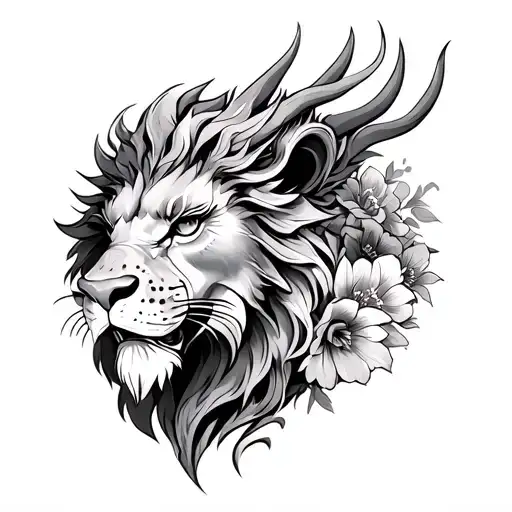 dragon head with lion head with flowers tattoo design idea