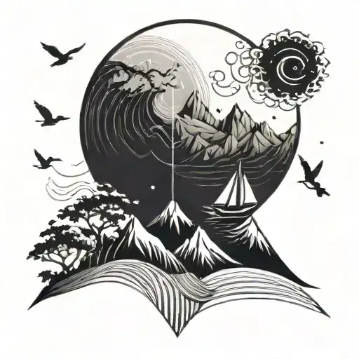 moon, wave, mountain, tree, boat and birds flying tattoo design idea