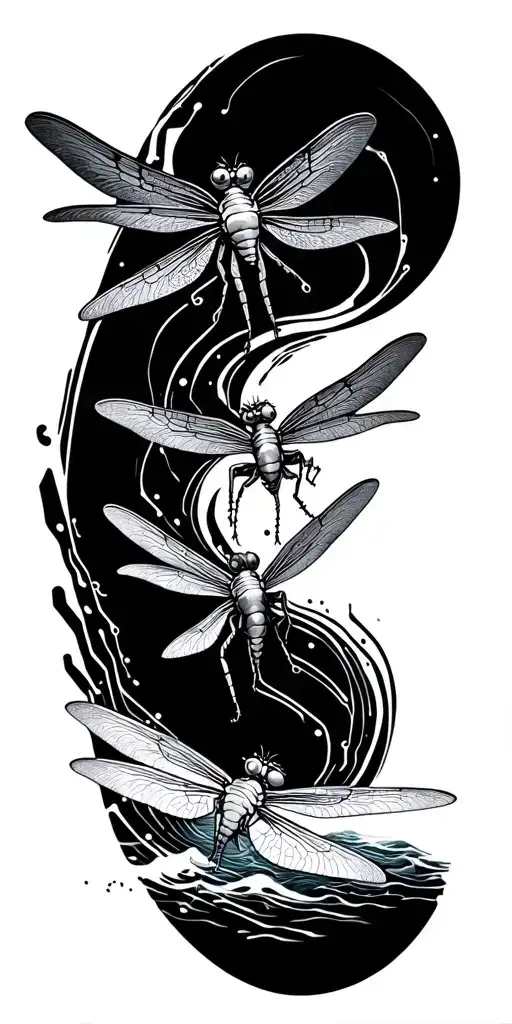three dragonflies, flying over an ocean made out of circuits. tattoo design idea