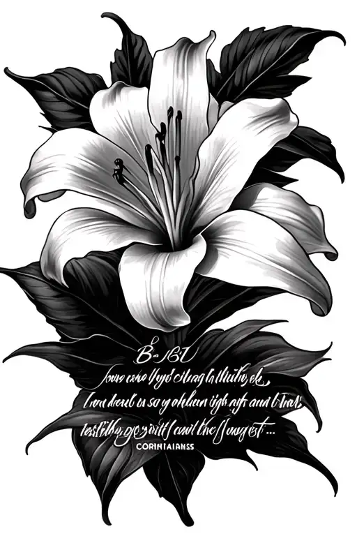 Madonna Lilly flower surrounding Corinthians 10:31 Bible Verse masculine style tattoo design idea