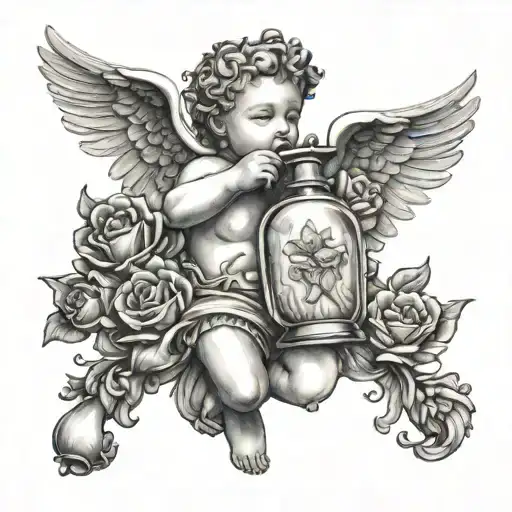 cherub spraying perfume bottle tattoo design idea