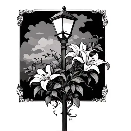 A Lamp Post Covered In Vines And Lilies Bloom tattoo design idea