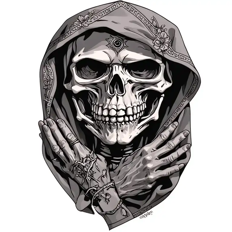 hooded reaper mexi Cali design praying skeleton hands tattoo design idea