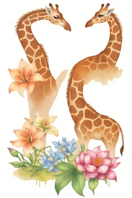 giraffe with larkspur and water lily tattoo design idea