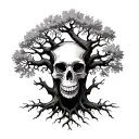 front facing skull with oak tree branches growing through it with a long trunk with roots  tattoo design idea