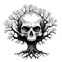 front facing skull with oak tree branches growing through it with a long trunk with roots  tattoo design idea