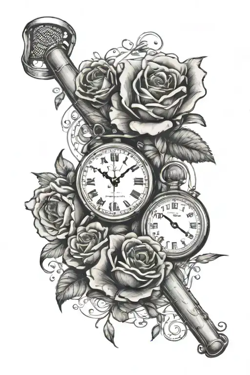 January and June birth flower, clock that shows 9:15, name Benjamin, baseball equipment and basketball tattoo design idea