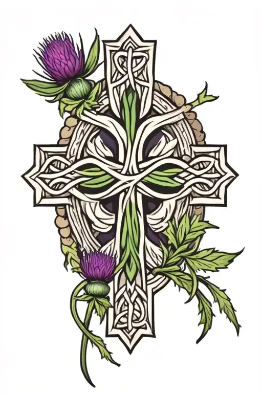 Celtic cross and thistle intertwined tattoo design idea