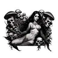sexy pagan goddess from the chest up. surrounded by skulls and mushrooms. tattoo design idea