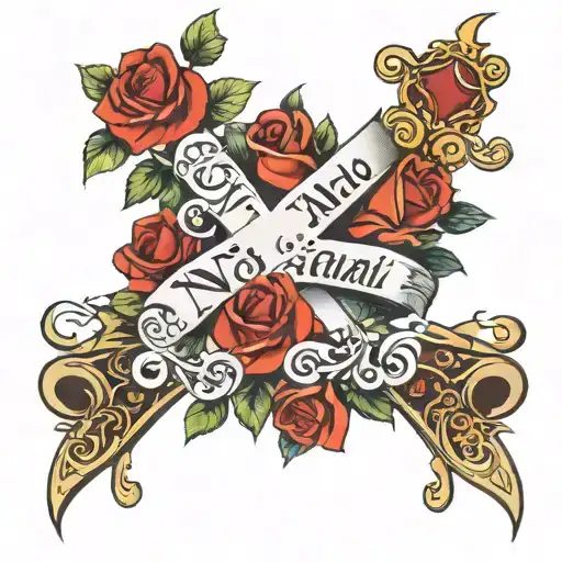 name Imani wrapper in roses with cross  tattoo design idea