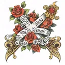 name Imani wrapper in roses with cross  tattoo design idea