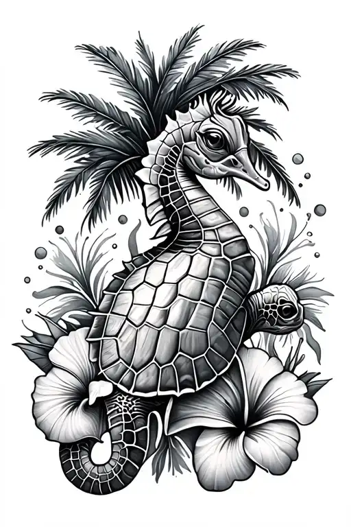 Sea turtle seahorse, seashell palm tree hibiscus flower tattoo design idea