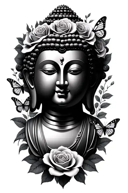 Buddha with roses and butterflies tattoo design idea