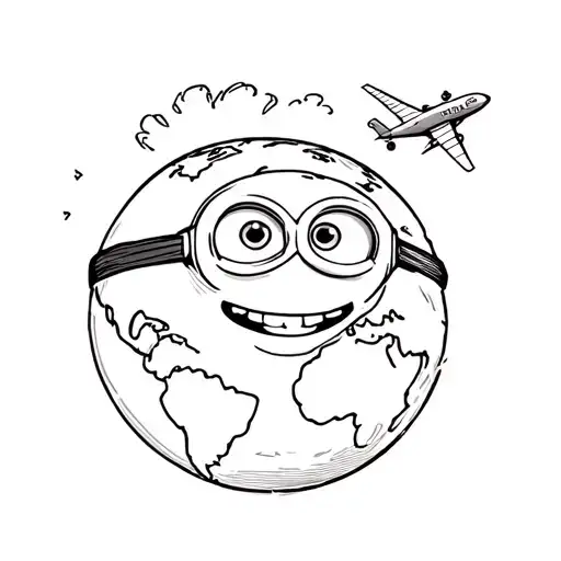 minion happy face with airplane flying over a world tattoo design idea