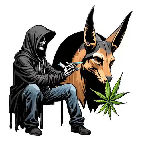 grim reaper wearing jeans and hoodie sharing a weed joint with a hipster anubis  tattoo design idea