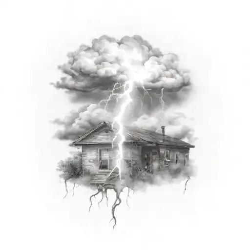 A realistic tattoo of a powerful lightning bolt striking an abandoned building, with dark storm clouds in the background tattoo design idea