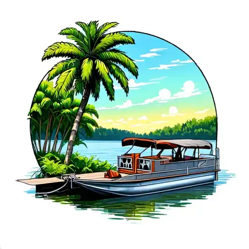 queen palm tree by a lake with old pontoon boat at a dock tattoo design idea
