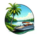 queen palm tree by a lake with old pontoon boat at a dock tattoo design idea
