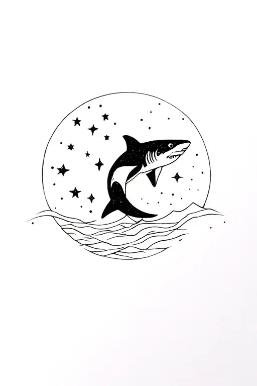 sun, moon, and star rising with a shark jumping tattoo design idea