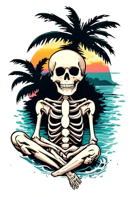 Skeleton Beach bum relaxing tattoo design idea