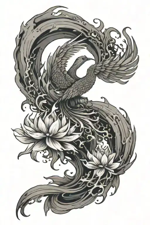 the Phoenix (rising from ashes), a lotus flower (growing through mud), a mountain climber reaching the summit, a river f tattoo design idea