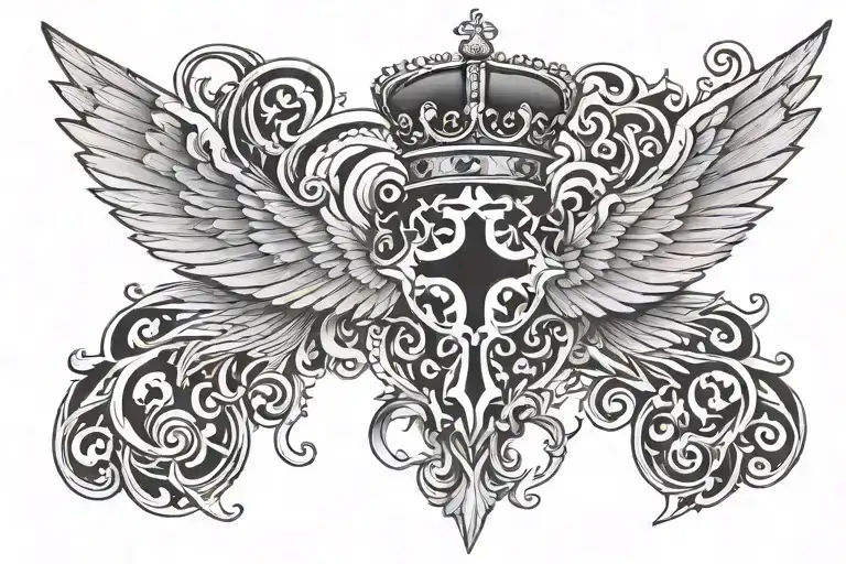 cross with wings and crown on the throat geosymtric tattoo design idea
