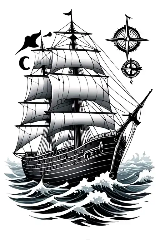 ship on waves with compass and anchor with geometrical lines  tattoo design idea